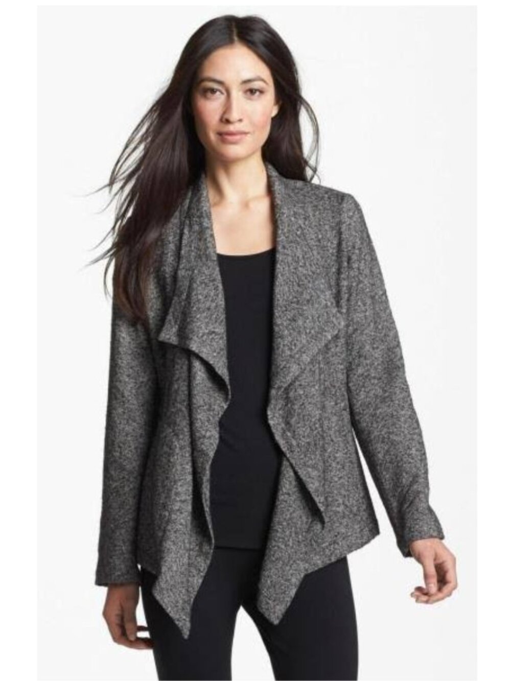 EILEEN FISHER Gray Marled Draped Open Front Jacket Cardigan Sweater Size S